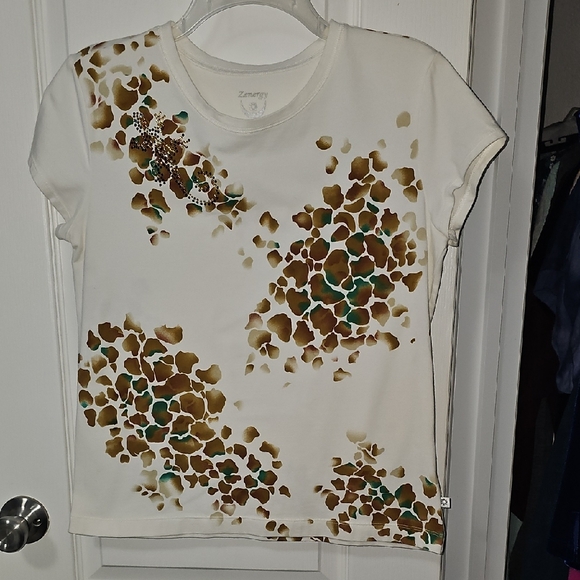 Zenergy by Chico's Tops - Zenergy Women's Short Sleeve Tee - Cream and Brown Floral